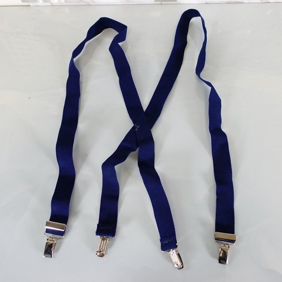 Suspender Mens Blue Silver Clip On Adjustable‎ Strap Stretch X Back Elastic Work - Picture 1 of 7